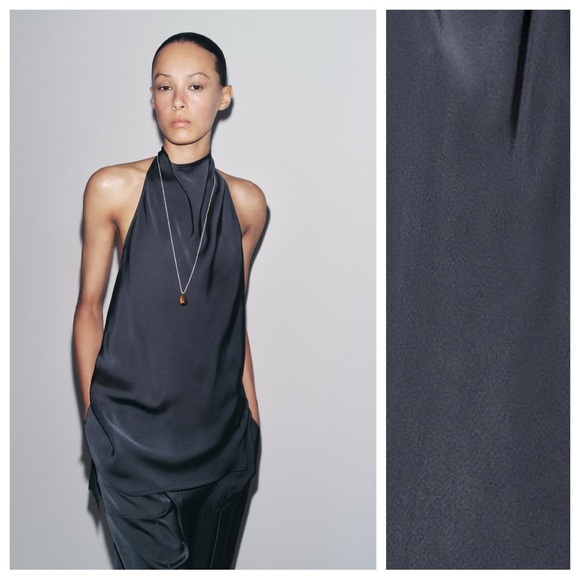 Zara Tops - NWT. Zara ZW Collection Petrol Blue Satin Effect Halter Top. Size XS.
